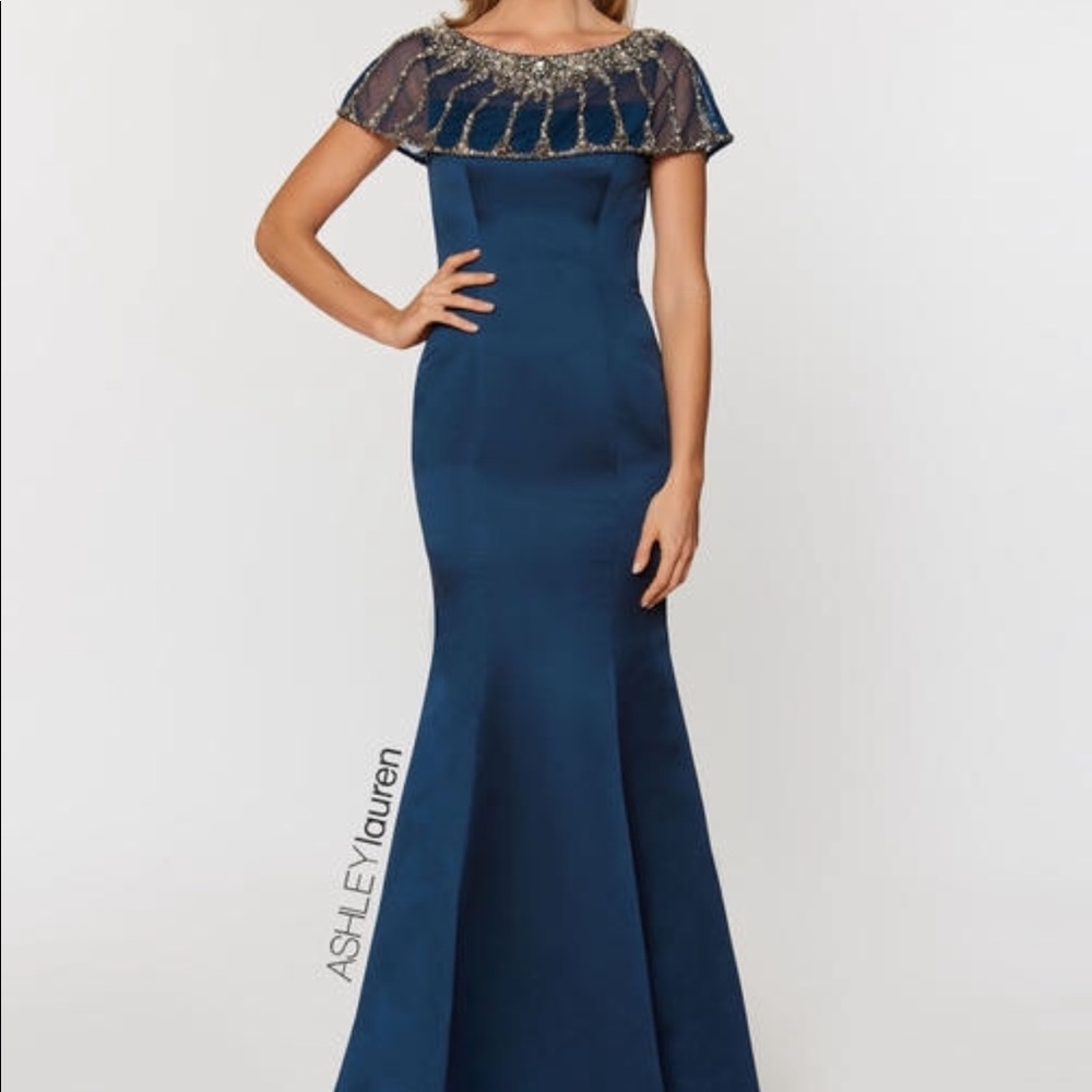 Ashley Lauren Navy Gown with Embellishments